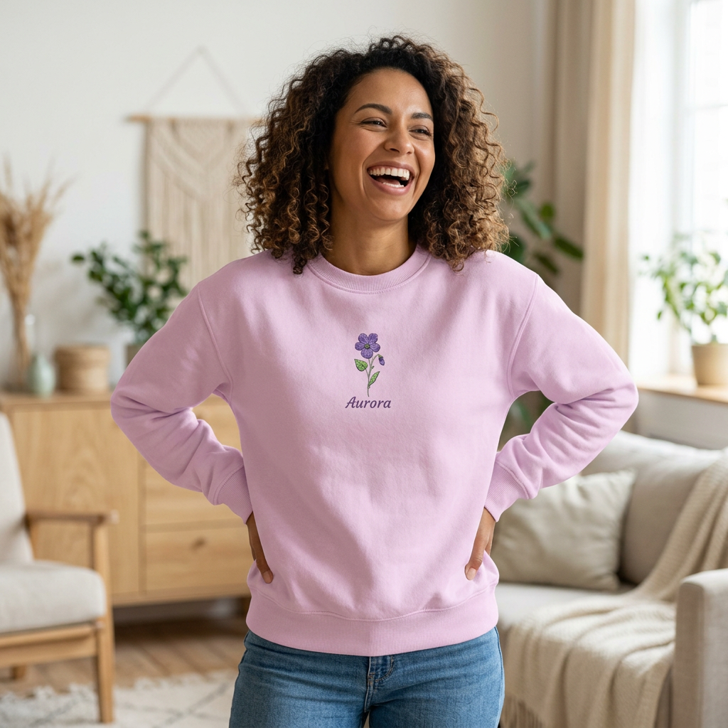 February Birth Flower Sweatshirt – Violet Embroidery